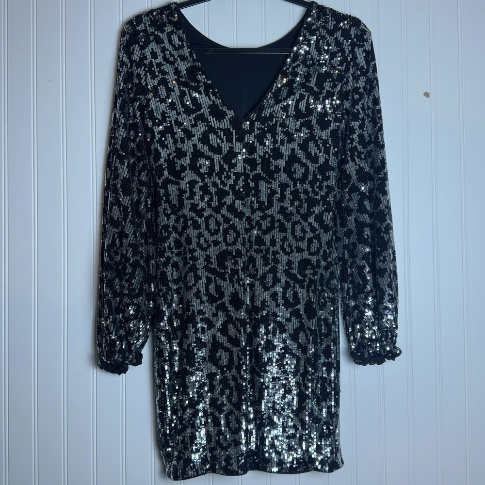 SAYLOR MAURA Sequined Party Cocktail Mini Dress Sz XS Animal Print Long Sleeve - Picture 9 of 11